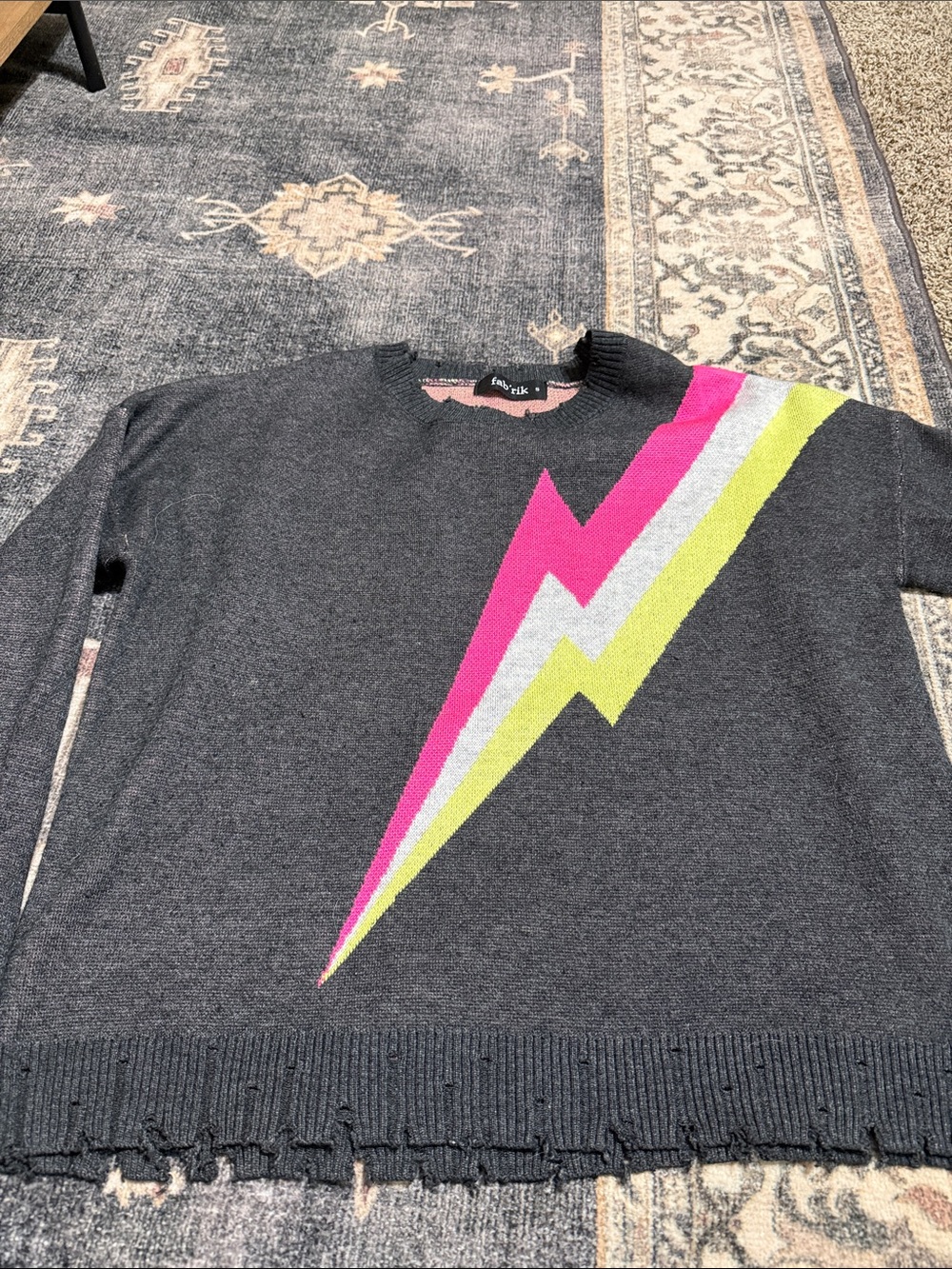 fab'rik Charcoal Crewneck Sweater with Pink, Silver & Lime Lightning Bolt